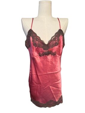 GOLD HAWK, 100% SILK Cami , Coral silk w/ brown lace trim,